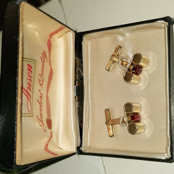 Hickok Signed 1940s Mid Century Ruby Gold Tone Men's Cuff Links Jewelry - Picture 4 of 10